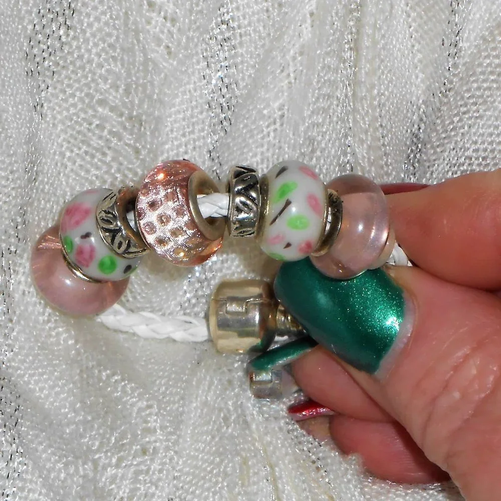 Pink, White & Mint Green Glass Big-hole Beads Braided Leatherette Bracelet - Picture 9 of 13